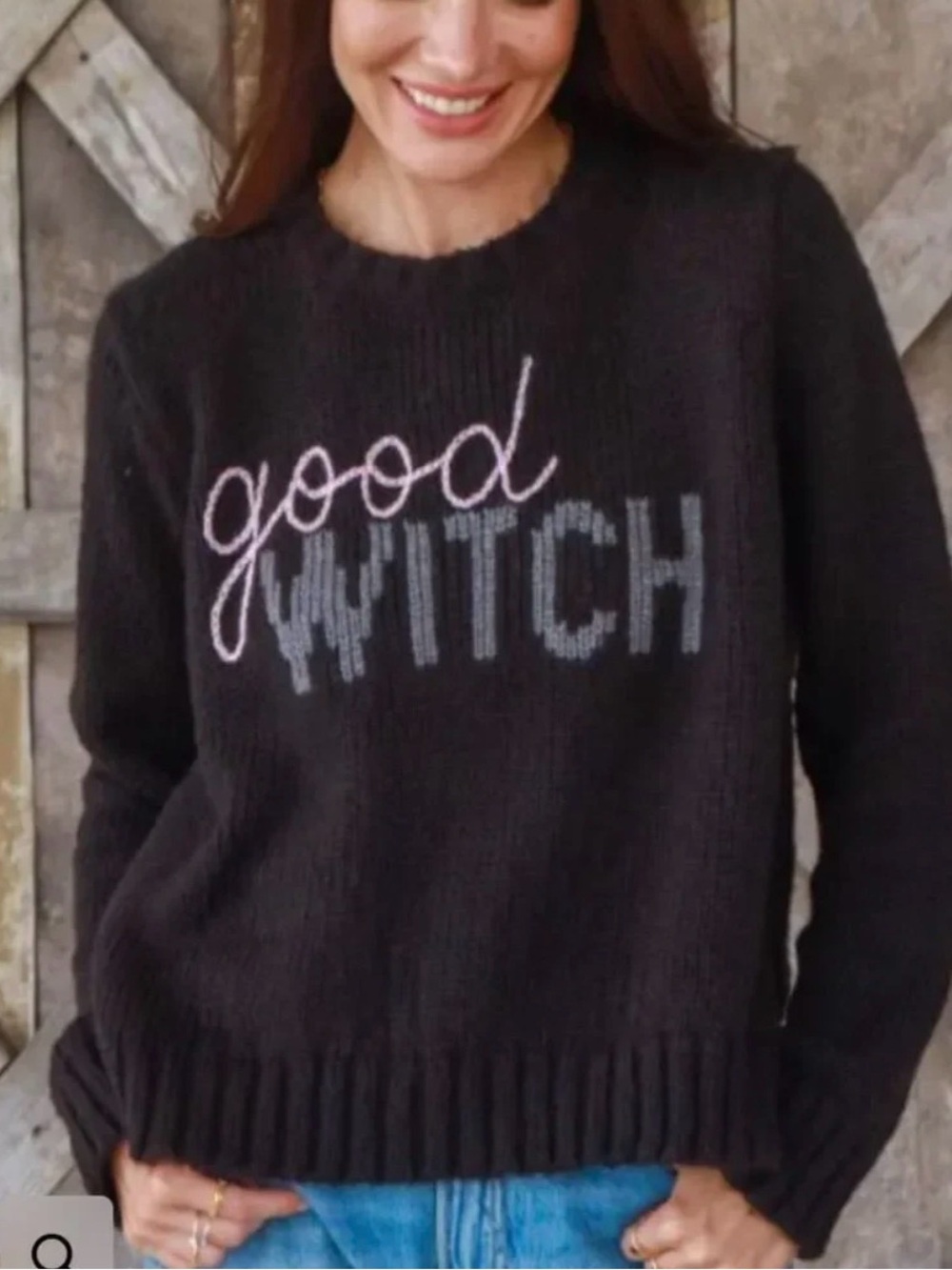 Good Witch Black Sweater Wooden Ship M/L Mohair Wool Acrylic Pink Gray Crew SOFT